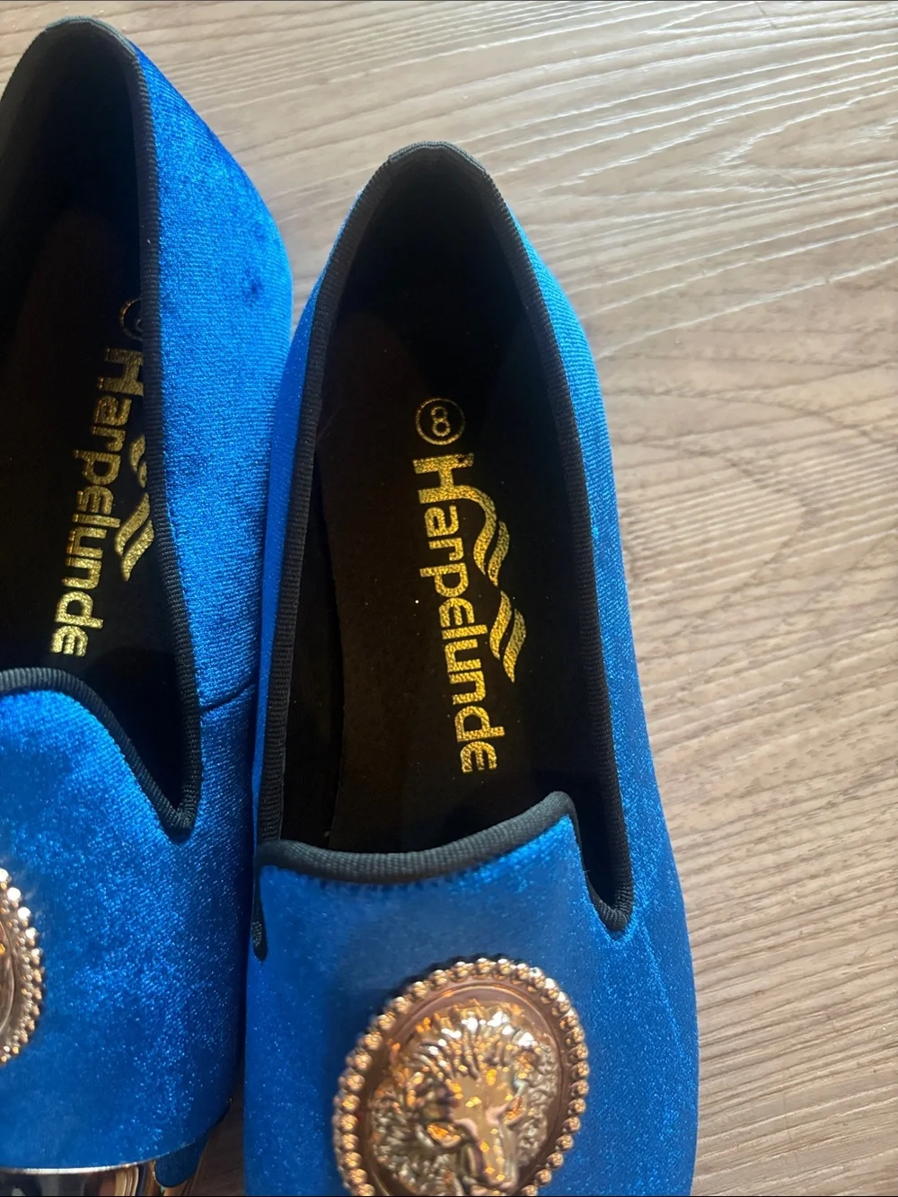 Blue Velvet Men’s Loafers with Gold Medallion Accent for formal size 8 new